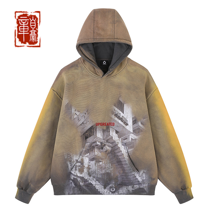 章自豪 UPGREATED 苏新皓同款美式复古渐变扎染印花刺绣加绒卫衣