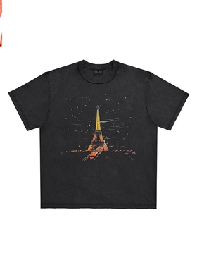 章自豪False Perception巴黎夜景埃菲尔铁塔水钻星空做旧水洗T恤
