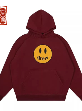 章自豪 Drew house mascot酒红色笑脸印花宽松连帽卫衣春秋休闲外