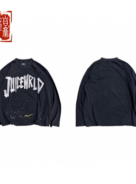 章自豪 Juice WRLD LONG SLEEVED泼墨贴布复古水洗做旧印花长袖T