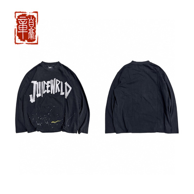 章自豪 Juice WRLD LONG SLEEVED泼墨贴布复古水洗做旧印花长袖T