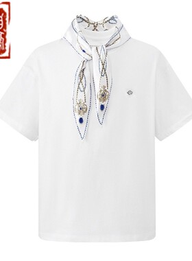 【章自豪】Orison Morgana 珍珠水钻天丝领巾短袖T恤巴洛克风格潮