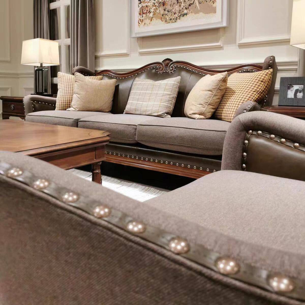 美克新传统三人双人座简约美式欧式家具定制客厅轻奢真皮布艺沙发