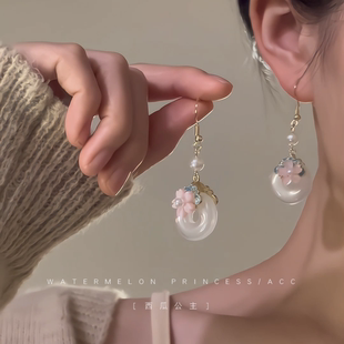 「碧玉桃花」新中式国风耳环女古风流苏搭配马面裙汉服旗袍耳饰潮