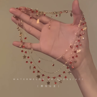 「浪漫红梦蝶」蝴蝶项链女款2025新款爆款多层叠戴锁骨链红色颈链