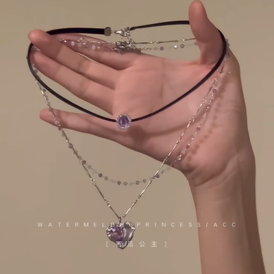 「紫色甜心」多层叠戴项链女甜酷辣妹黑色皮链锁骨链chocker颈链