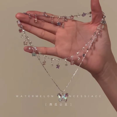 「梦幻缤纷银蝶」蝴蝶项链女款2025新款高级感轻奢双层叠戴锁骨链