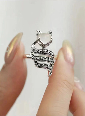 复古月光石狐狸戒指女新中式民族风文艺气质福狸九尾狐活口指环女