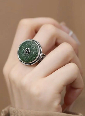 复古唐草纹圆牌牡丹花戒指女士民族风绿玉石圆形雕花花纹开口指环