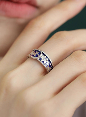 复古青花瓷花朵戒指女新中式烧蓝开口可调节食指戒小众高级感指环