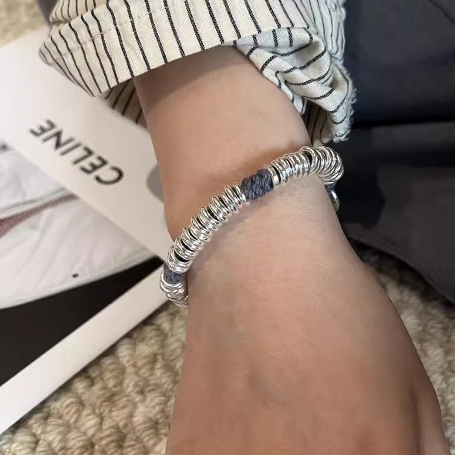 简约编织绳盘缠手链男女通用小众设计高级感轻奢银色手串深蓝手绳