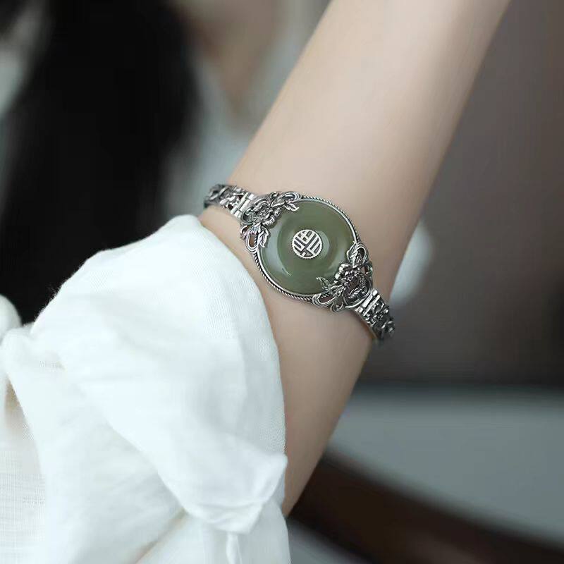 福字平安扣牡丹花手镯女款新中式复古做旧国风时尚轻奢高级感手环