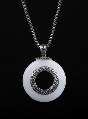 复古白玉花纹吊坠女款国风个性简约平安扣玉石挂坠小众百搭毛衣链