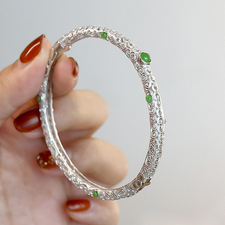 祥云如意手镯女款复古银色宫廷风镂空雕花碧玉传承古法鎏金色手环