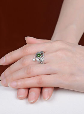 镂空铜钱戒指女款复古做旧时尚高级感花纹指环简约开口可调食指戒