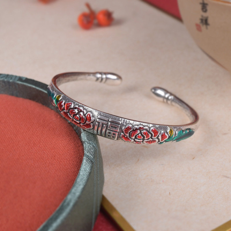 福字莲花手镯女珐琅彩复古做旧民族风开口可调节手环时尚百搭饰品