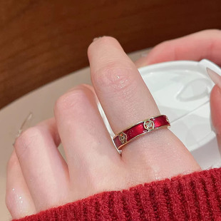 红色滴油锆石铜钱戒指女新中式高级感食指戒简约时尚个性开口指环