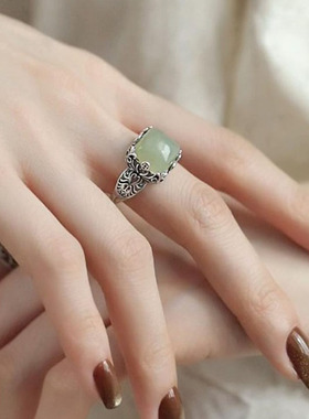 古风和田玉青玉方糖铜钱币戒指女复古花纹镂空包边活口可调节指环