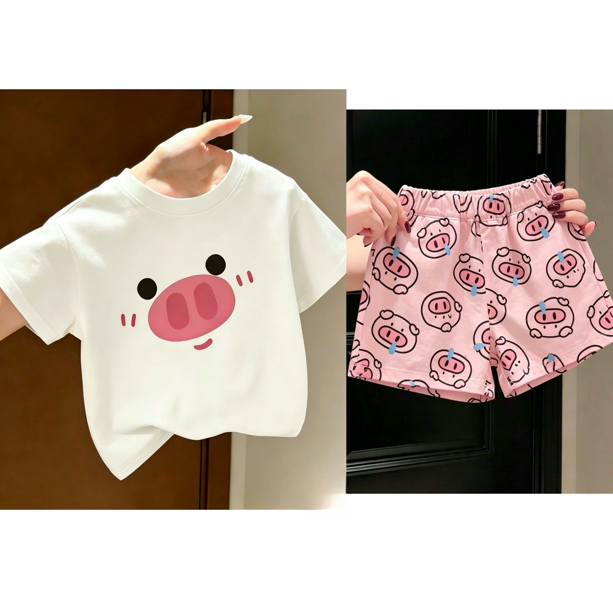 儿童鼻涕猪圆领上衣+裤子套装可爱纯棉短袖短裤宽松百搭儿童套装