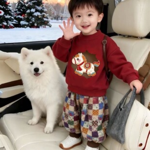 马年2026年新款儿童加绒套装冬季宝宝加绒加厚喜庆拜年男童拜年服