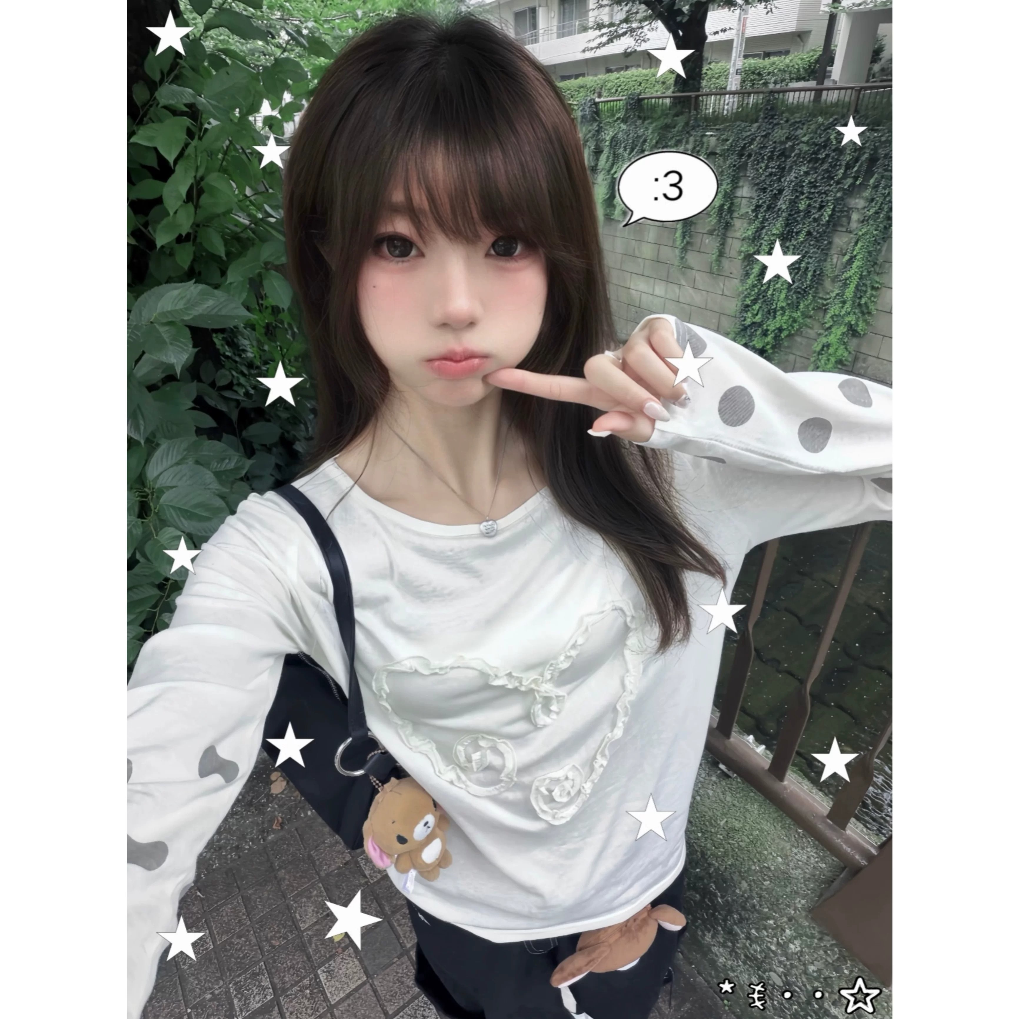美式潮流爱心曲边刺绣长袖上衣女