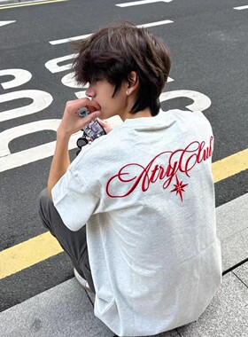 美式潮流北极星刺绣短袖t恤女夏季新款重磅纯棉情侣同款宽松上衣