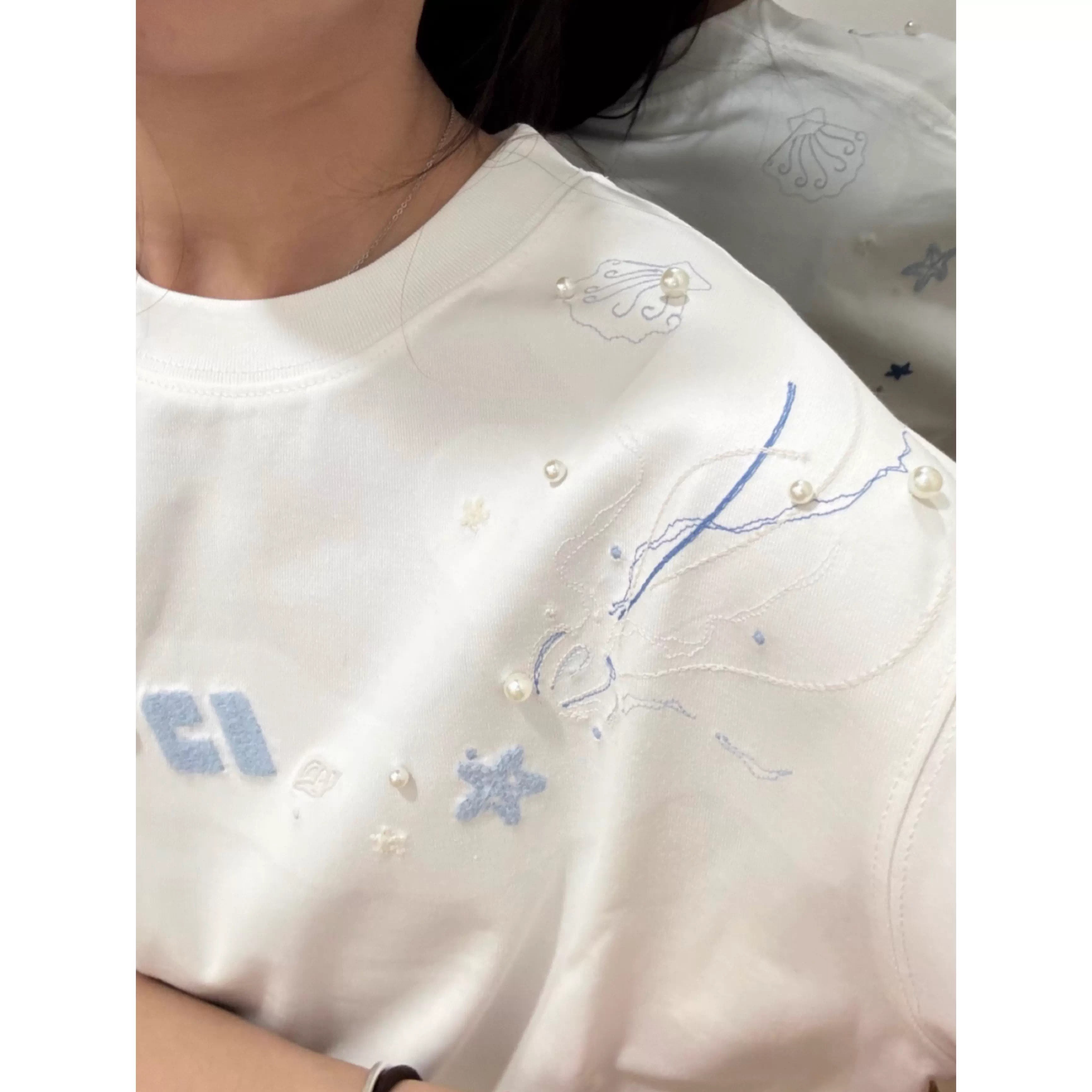 美式潮流海洋水母珍珠钉珠款短袖