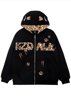 kzdall美式豹纹印花小猫连帽卫衣女新款潮流原创情侣加绒加厚外套