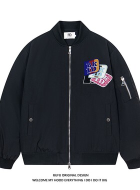 BKID美式复古彩色扑克刺绣字母飞行服女秋冬新款情侣潮流夹克外套