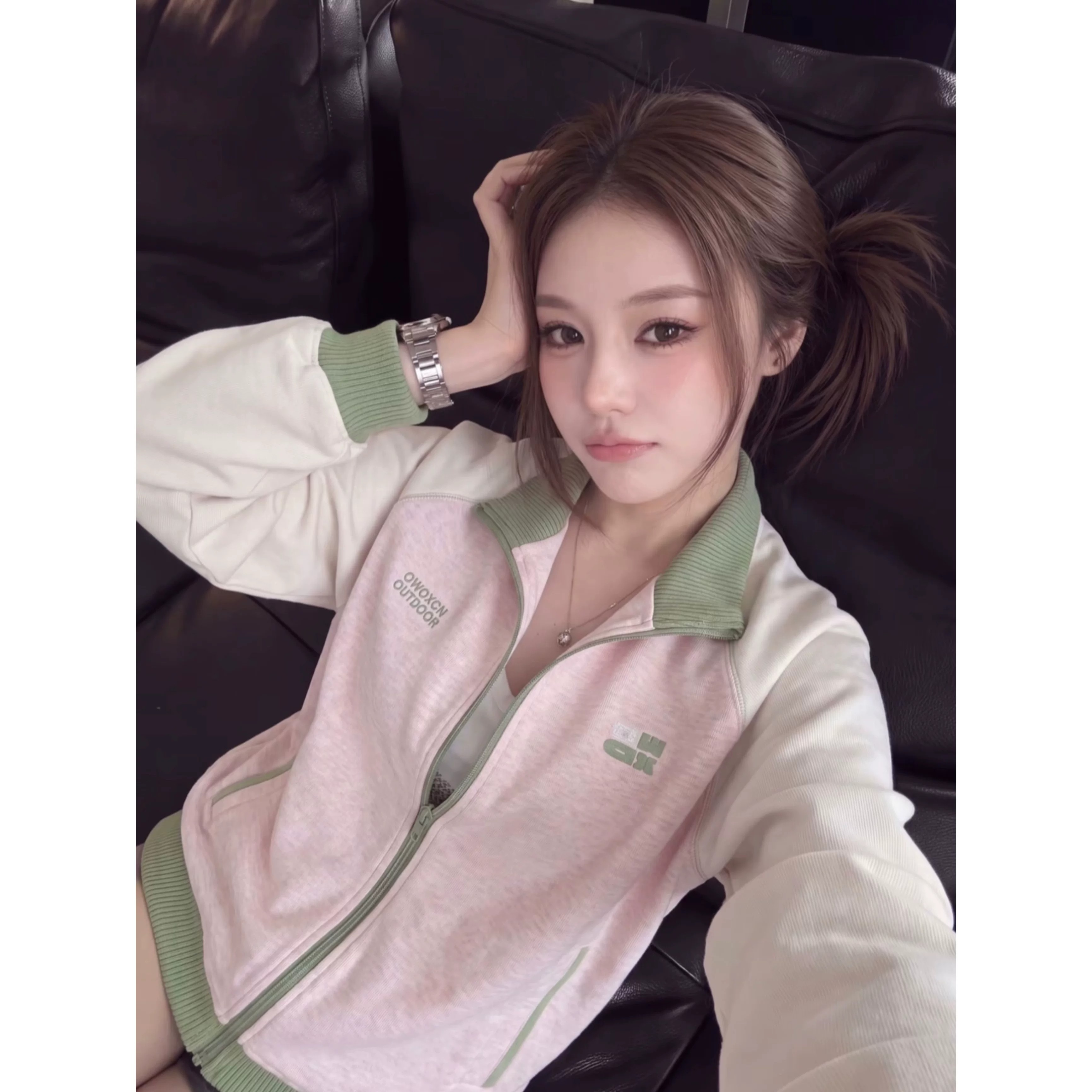 美式撞色立领插肩开衫夹克卫衣女