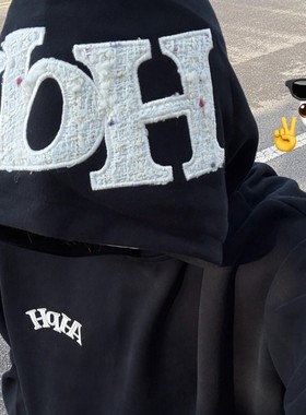 AHPH美式字母贴布刺绣连帽卫衣冬季加绒新款嘻哈Rap情侣宽松外套