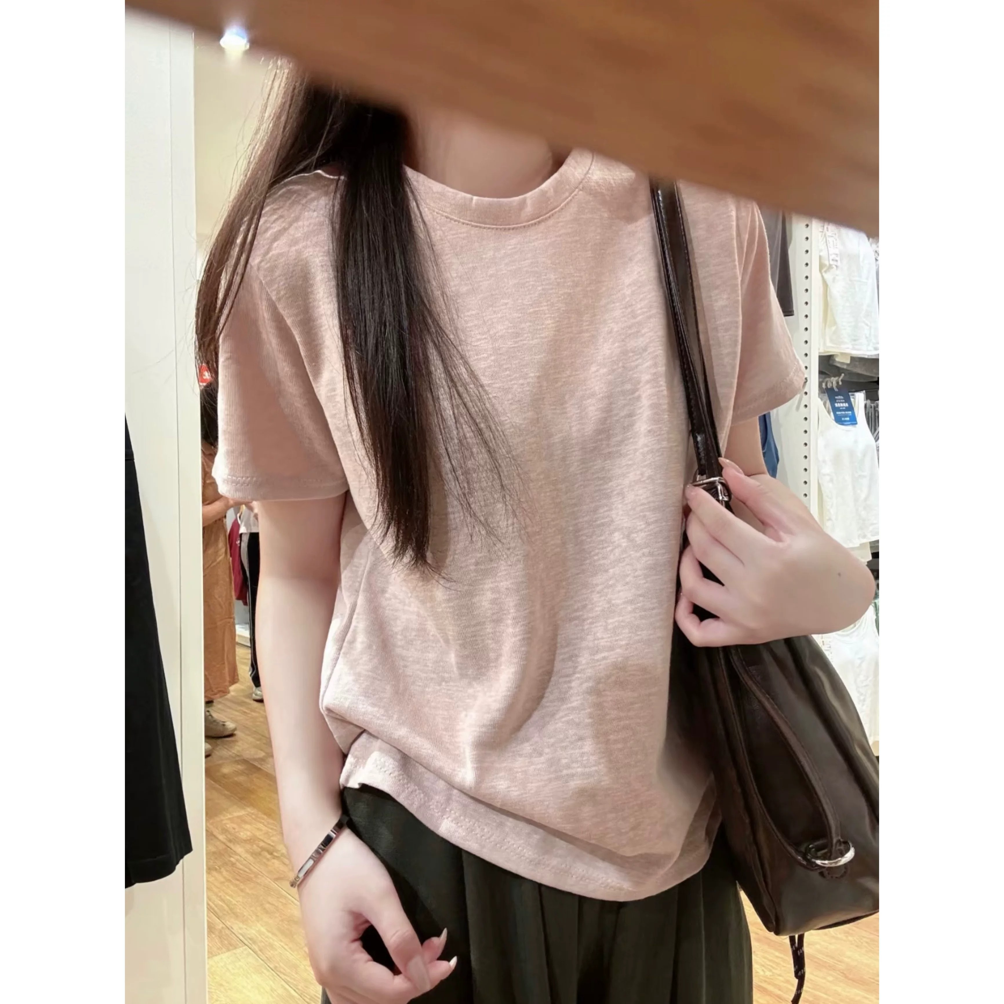 韩系藕粉色雪花棉短袖t恤上衣女