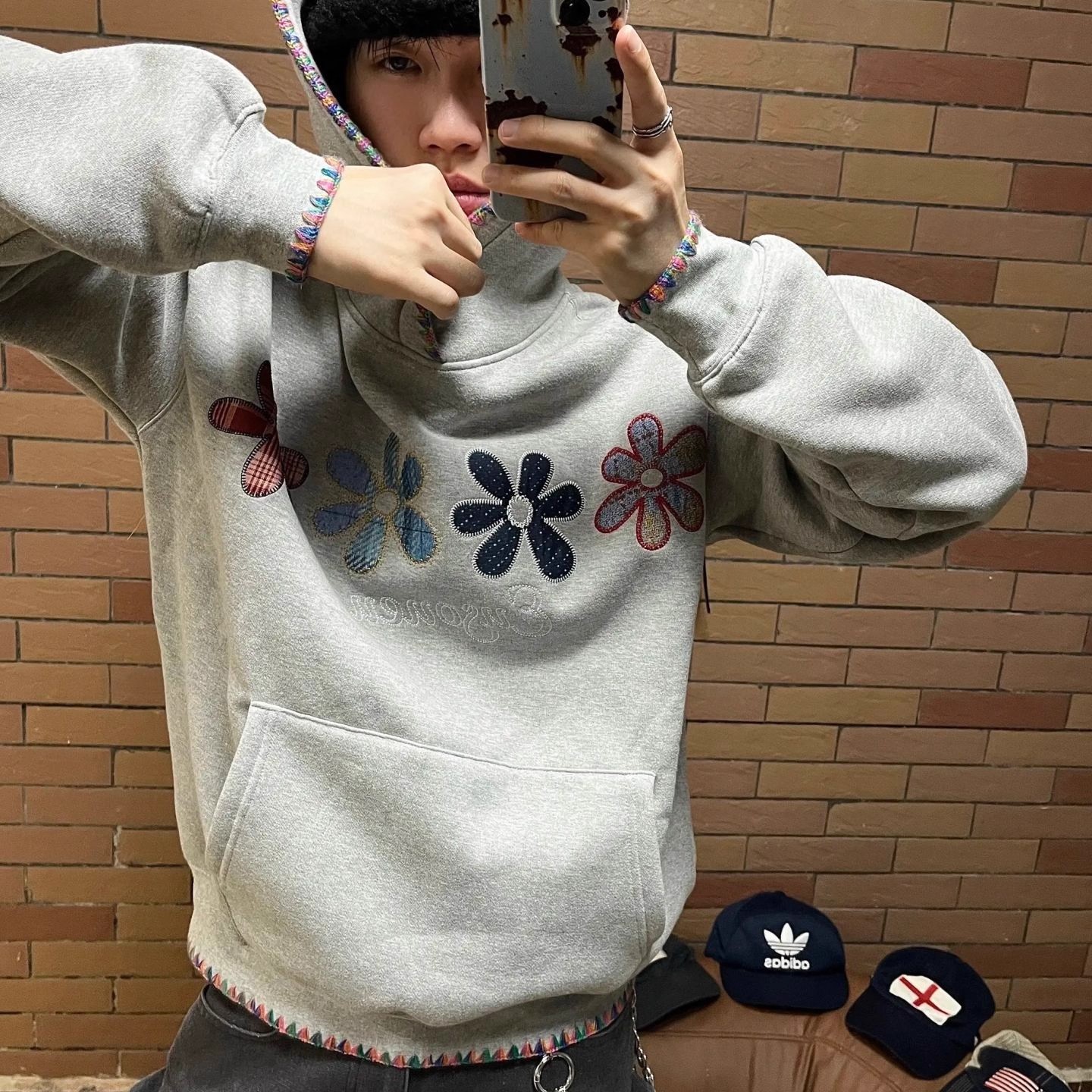 美式重磅满花刺绣彩色花朵卫衣女