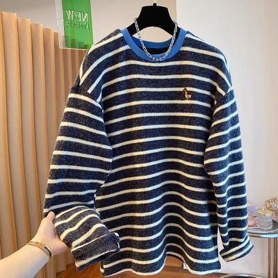 外贸出口余单高级感刺绣撞色条纹加绒磨毛长袖打底衫女冬软糯上衣