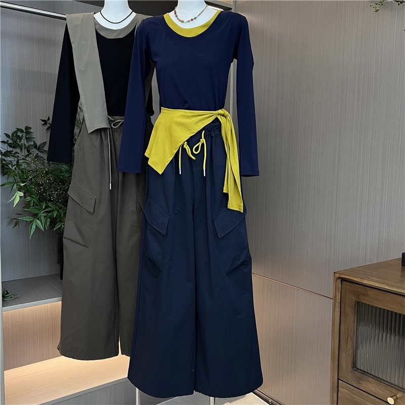 韩系带披肩长袖t恤工装裤套装