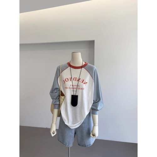 奥特莱斯~品牌折扣复古撞色长袖t恤女花雪花棉上衣宽松插肩袖罩衫