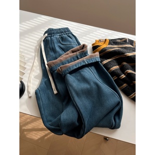 加绒加厚保暖弯刀裤 奥特莱斯 复古水洗做旧松紧腰牛仔裤 特价 正品