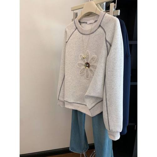 美式复古明线设计无帽套头卫衣