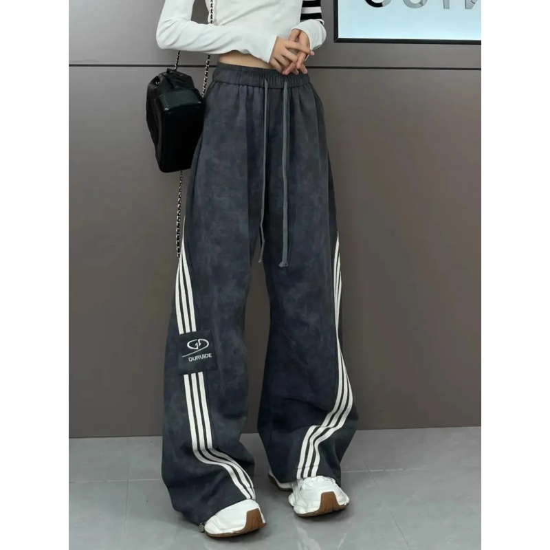 奥特莱斯~撤柜大牌条纹扎染休闲裤美式三条杠宽松显瘦阔腿拖地裤