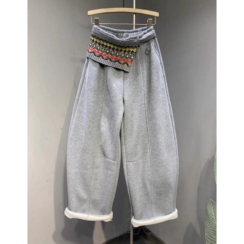 灰色加绒加厚休闲阔腿裤女2025年冬季新款高腰显瘦个性刺绣弯刀裤,女装/女士精品,大码裤装,淘宝优惠券,粉丝福利购,淘宝优惠卷