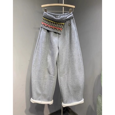 灰色加绒加厚休闲阔腿裤女2025年冬季新款高腰显瘦个性刺绣弯刀裤