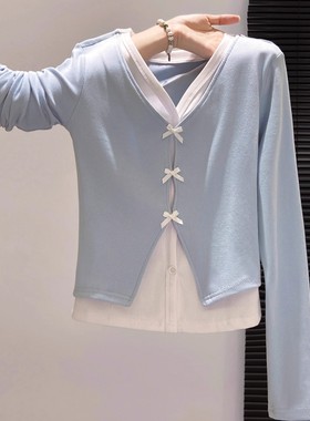 奥特莱斯~撤柜折扣蝴蝶结撞色v领假两件女上衣早秋季拼接打底上衣