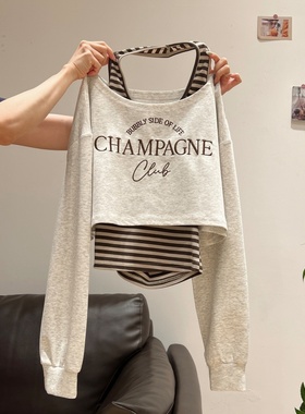 清仓尾货~专柜尾货辣妹斜肩字母印花长袖T恤女初秋条纹背心两件套