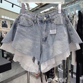 奥特莱斯 女高腰阔腿裤 撤柜大牌美式 ins高街假两件设计感牛仔短裤