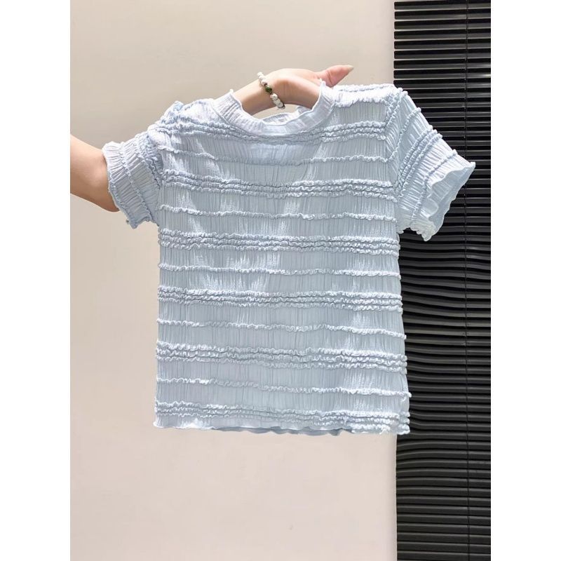 清仓尾货~专柜特价清新感褶皱短袖t恤女木耳边肌理感显瘦百搭上衣