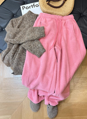 奥特莱斯~清仓外贸慵懒风粉色加绒加厚束脚裤女2025冬韩系休闲裤