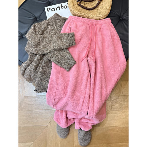 奥特莱斯~清仓外贸慵懒风粉色加绒加厚束脚裤女2025冬韩系休闲裤