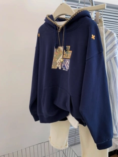 奥特莱斯~特价余单美式高级感套头藏蓝色正肩连帽带帽长袖卫衣女