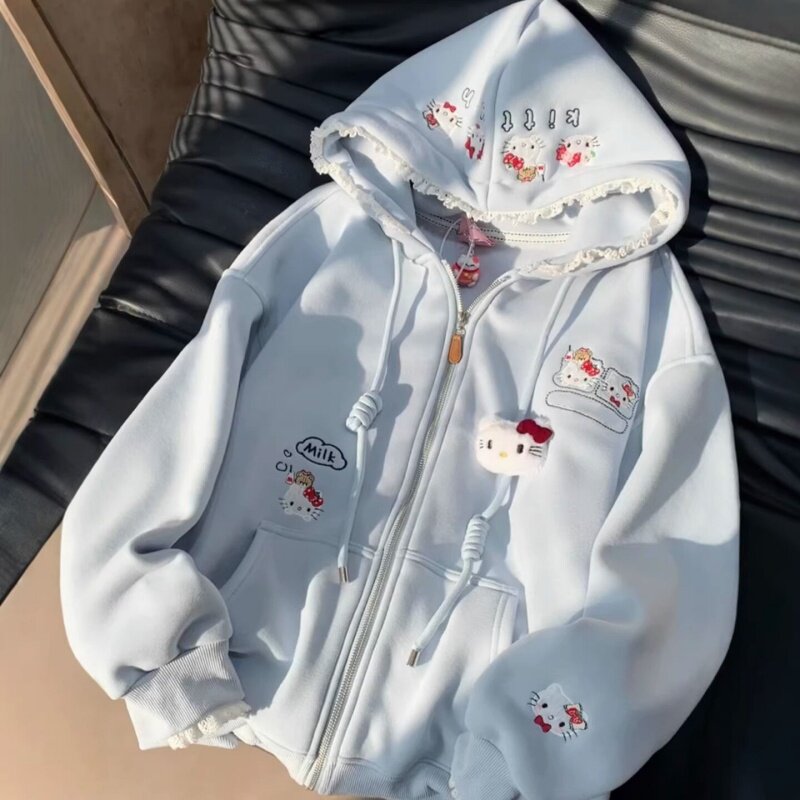 清仓捡漏~撤柜女装可爱Kitty刺绣连帽卫衣女秋冬加绒拉链开衫外套