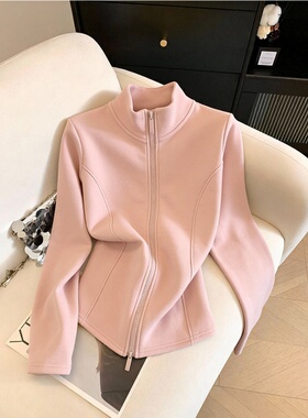 奥特莱斯~余单专柜粉色立领拉链外套女2026新款修身显瘦短款开衫